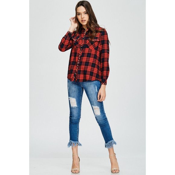 Women's Casual Plaid Shirts With Unique Metal Snap Button Super Cute & Comfy - Picture 4 of 10